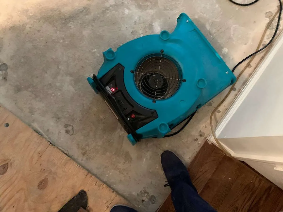 Air mover drying subfloor during Leak Detection & Repair in Otsego